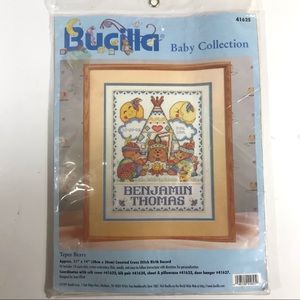 BUCILLA Tepee Bears Counted Cross Stitch Birth Record Kit 1997